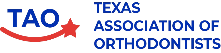 Logo of the Texas Association of Orthodontists with "TAO" in blue, a red star and swoosh, and the full name in blue text to the right.