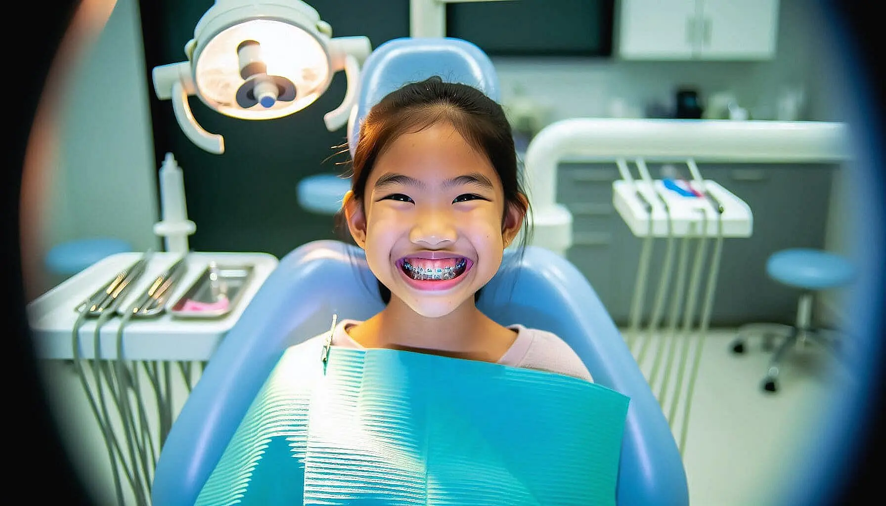 In a dentist's chair in Kingwood TX, a smiling girl with affordable braces and a blue dental bib highlights her journey to a confident smile amidst dental tools and an overhead light.