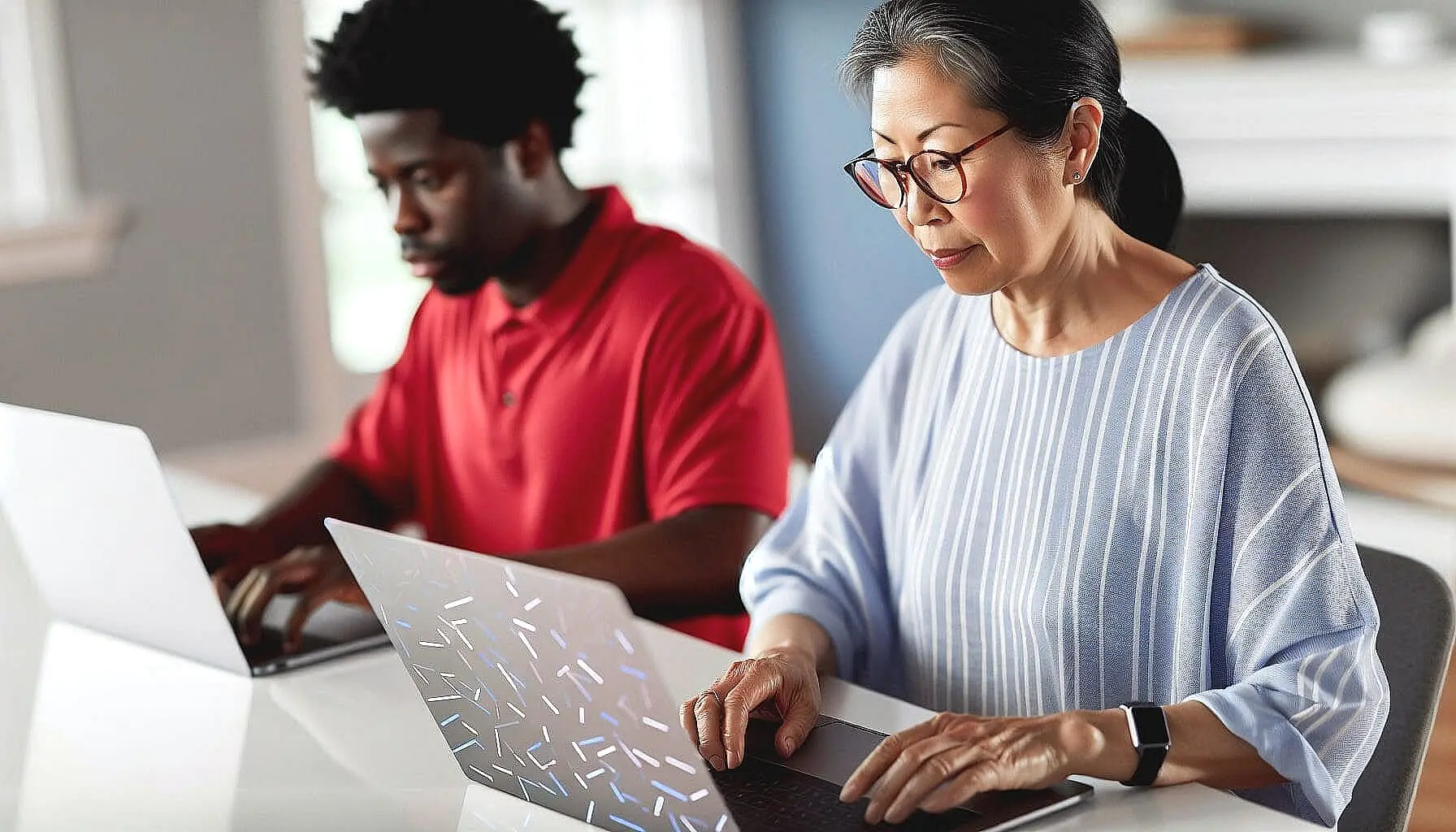 At a bright, modern table in Kingwood TX, two people—one in a red shirt and the other wearing a blue-striped top—confidently work on their laptops with smiles that perhaps owe to affordable braces.