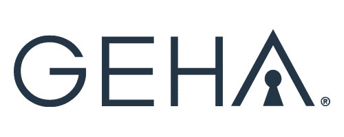GEHA logo with dark blue letters, "A" as a triangle with keyhole, on a light background, representing Kingwood TX.