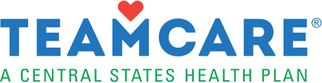 TEAMCARE logo, featuring a red heart above the "A" and "A Central States Health Plan" in green below, representing Kingwood TX.