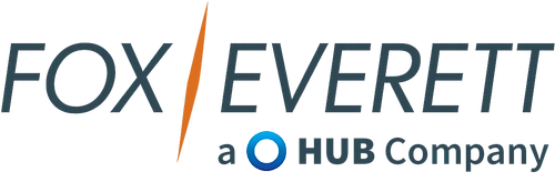 Fox Everett logo for a HUB company in Kingwood TX, with "FOX | EVERETT" bold text, orange vertical line, and HUB logo below.