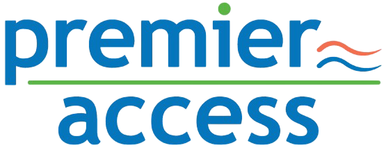 The Premier Access logo features blue text, a green underline, two red lines above 'access.', and "Kingwood TX" incorporated.