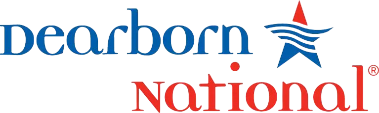 Dearborn National logo featuring "Dearborn" in blue, "National" in red, a blue-red star between, and Kingwood TX mentioned.
