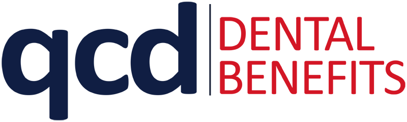 Logo with "qcd" in navy blue and "DENTAL BENEFITS" in red, separated by a vertical line, for Kingwood TX.